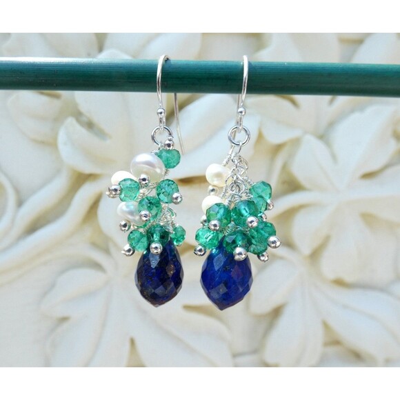 Lapis Lazuli-Green Quartz-Fresh Water Pearl Beaded Sterling Silver Earrings - Picture 3 of 6
